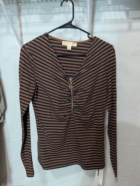 MICHAEL Michael Kors Brown & Black Striped Zip Front Top